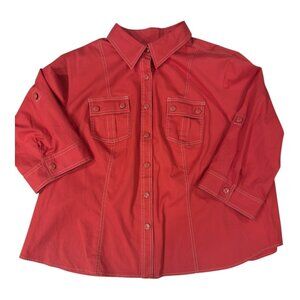 Talbots Woman 3X Red Stretch Button Down Shirt Utility Pockets Roll Tab Sleeve